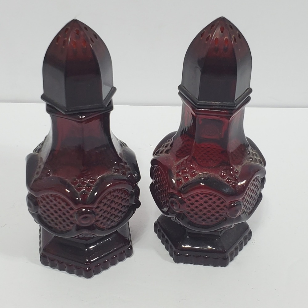 Avon Salt Shaker Empty Cologne Bottles Set of 2 Red Glass Topaze Vintage